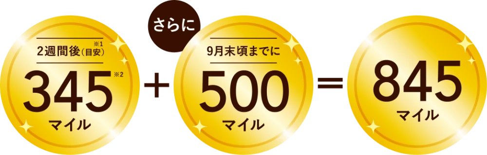 2週間後(目安)345マイル ＋ 9月頃までに500マイル = 845マイル