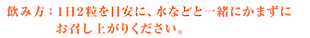 飲み方：1日2粒を目安に、水などと一緒にかまずにお召し上がりください。