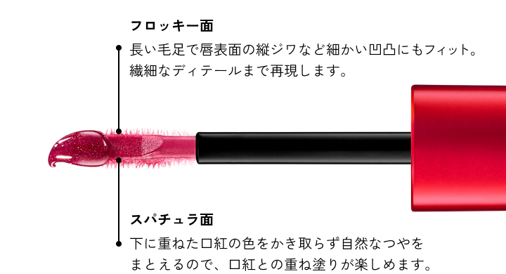 フロッキー面 長い毛足で唇表面の縦ジワなど細かい凹凸にもフィット。繊細なディテールまで再現します。 スパチュラ面 下に重ねた口紅の色をかき取らず自然なつやをまとえるので、口紅との重ね塗りが楽しめます。